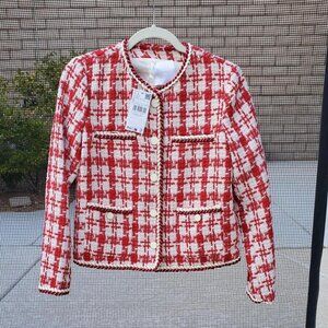 MANGO Tweed Jacket with Pockets in Red/White size S